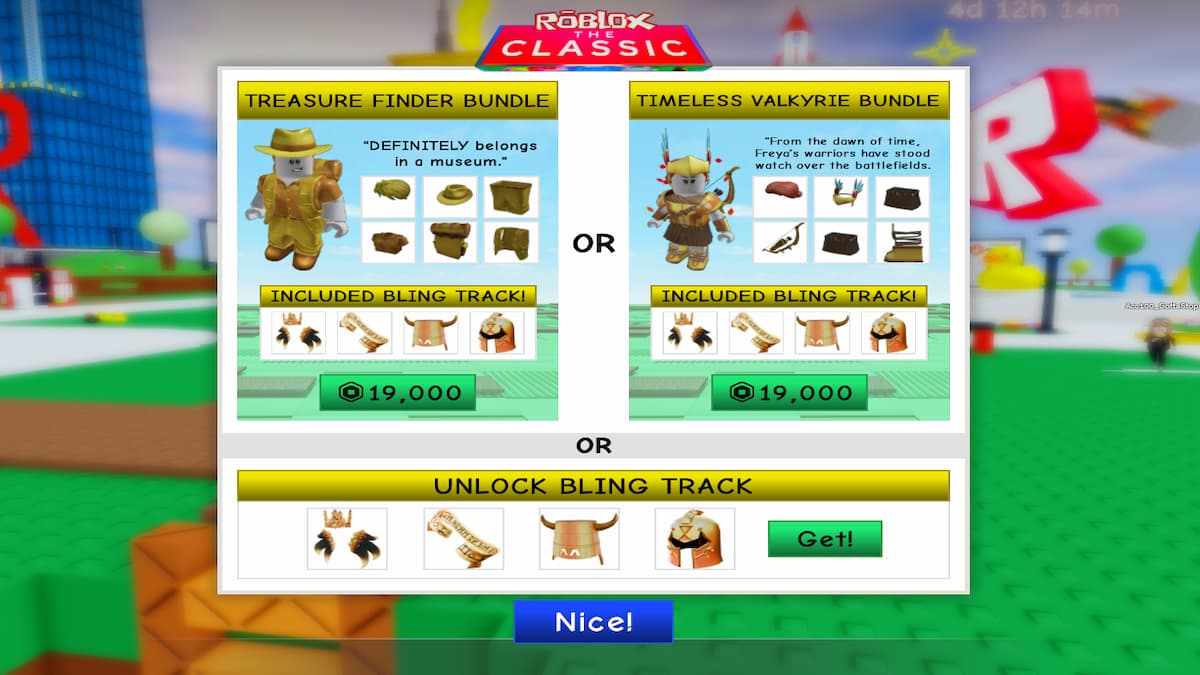 O menu de itens do pacote no evento Roblox Classic