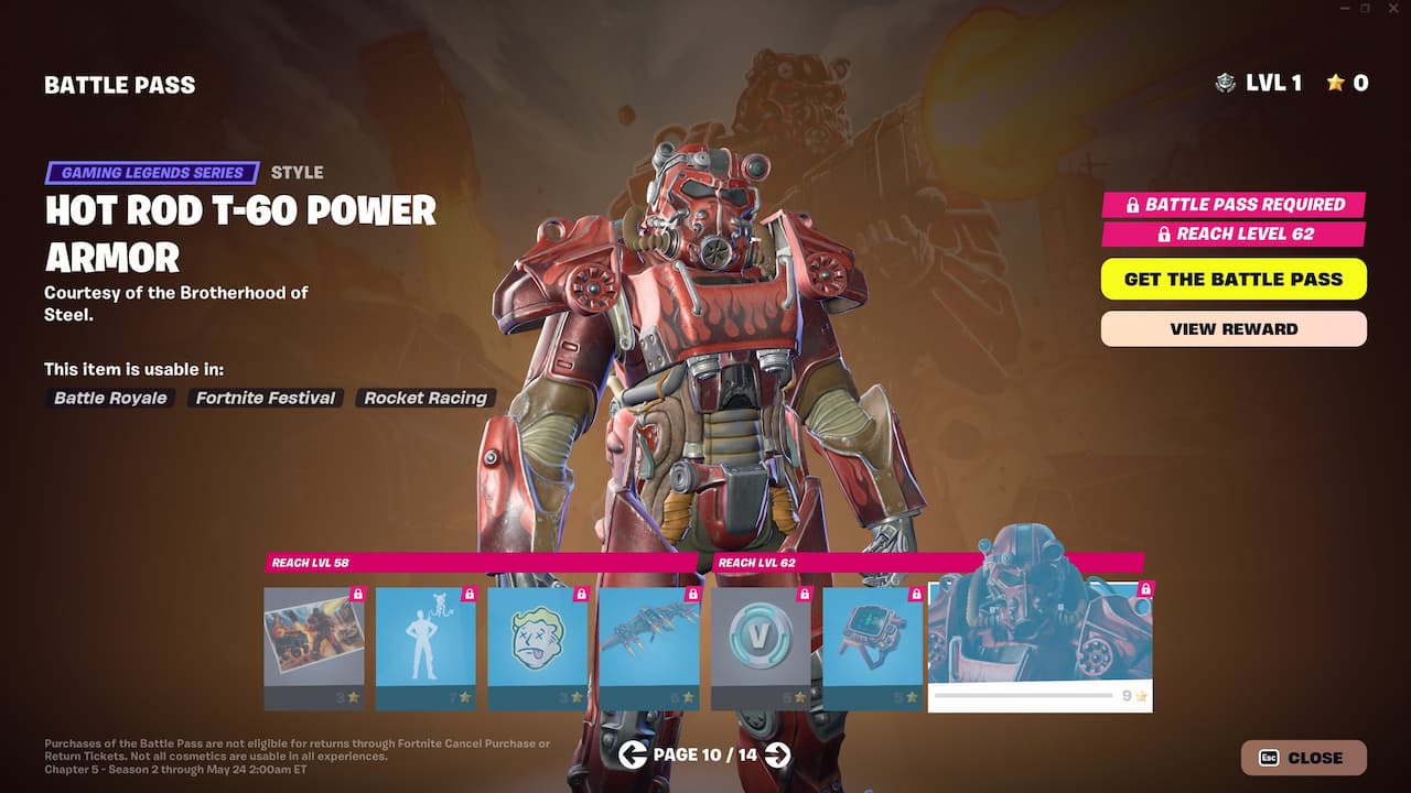 O Hot Rod T-60 Power Armor na tela do Battle Pass de Fortnite