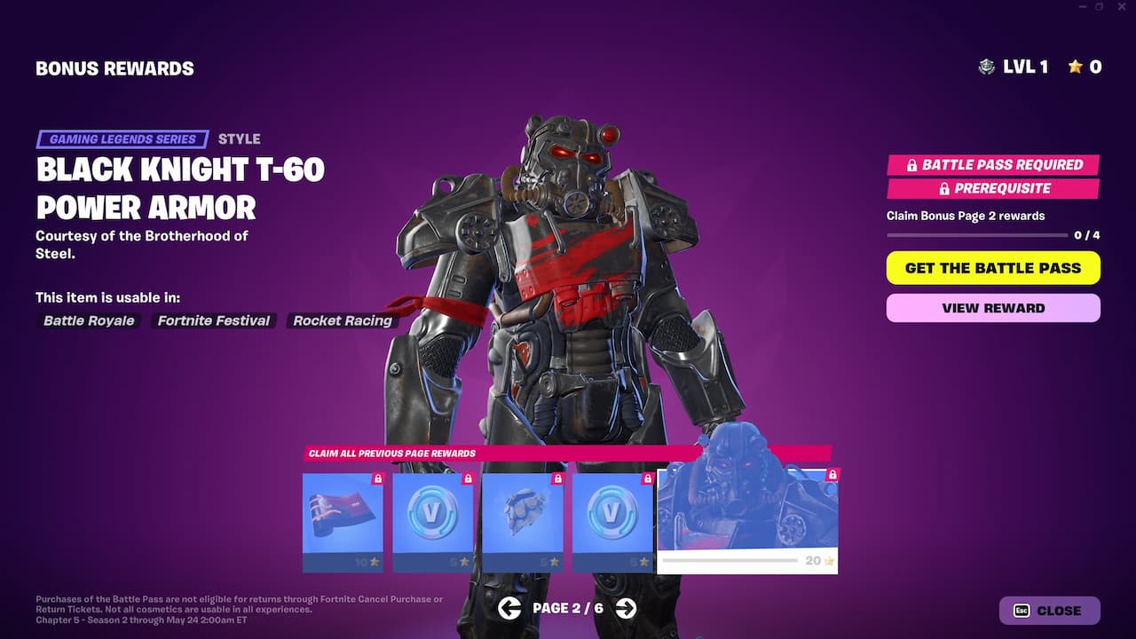 A armadura Black Knight T-60 Power na tela do Battle Pass de Fortnite