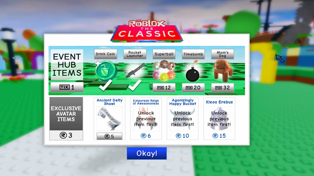 O menu de evento exclusivo no Roblox Classic Event