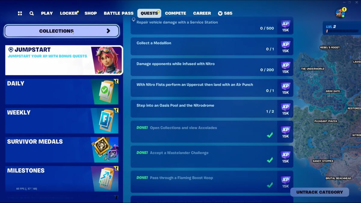 O botão Coleções no menu Missões na Temporada 3 de Fortnite