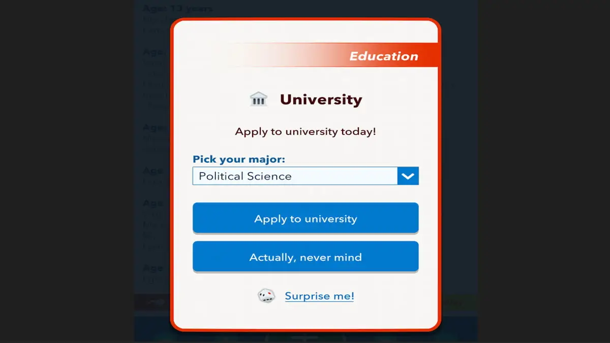 O menu de inscrição universitária no BitLife