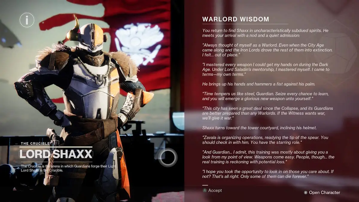 Falando com Shaxx após completar uma das missões de armas em Into The Light.