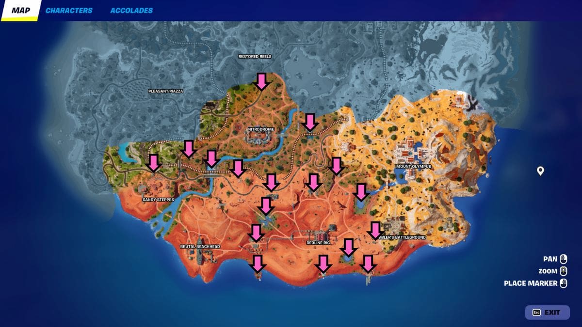 A parte sul do mapa Fornite do jogo com a localização de todos os contêineres perto dos Wasteland Landmarks em Fortnite