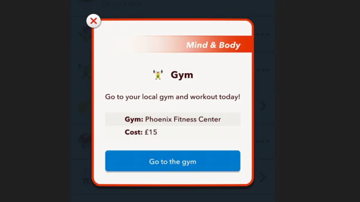 O menu do BitLife Gym 