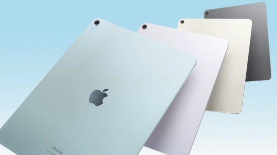 Apple Event iPad Air em cores diferentes em um fundo azul