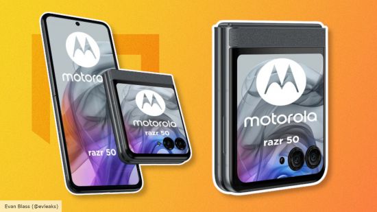 Imagem personalizada para Motorola Razr 50 renderiza notícias de vazamento com imagens vazadas de uma versão cinza do telefone, cortesia de Evan Blass (@evleaks)