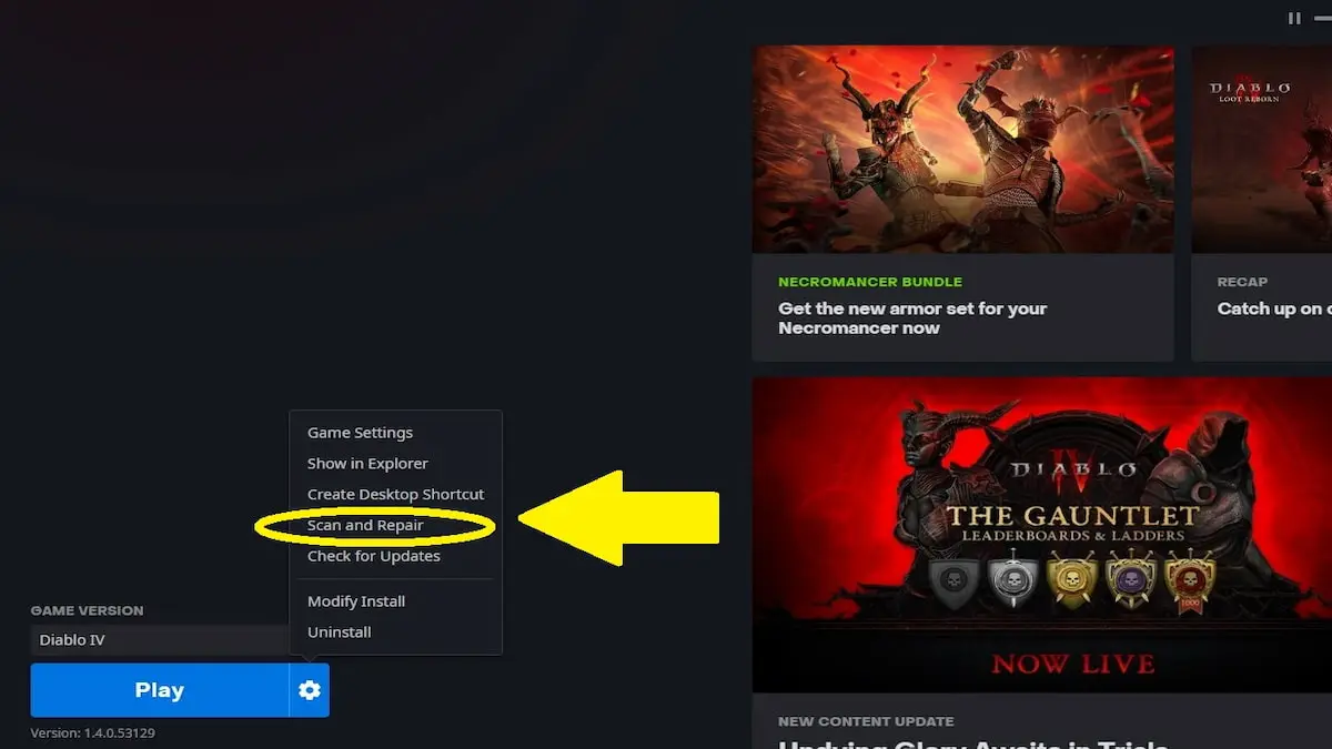 O Battlet.net Launcher mostra como escanear e reparar Diablo 4