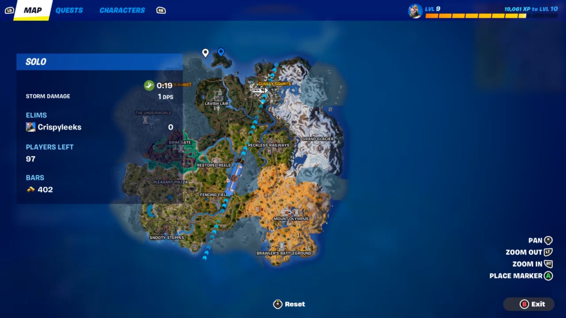 A localização de Darth Vader em Fortnite marcada no mapa com o marcador do jogo.