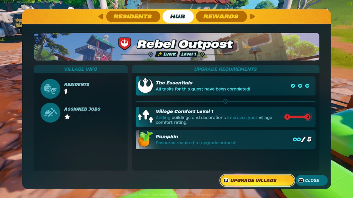 O menu de atualização do Posto Avançado Rebelde em LEGO Fortnite