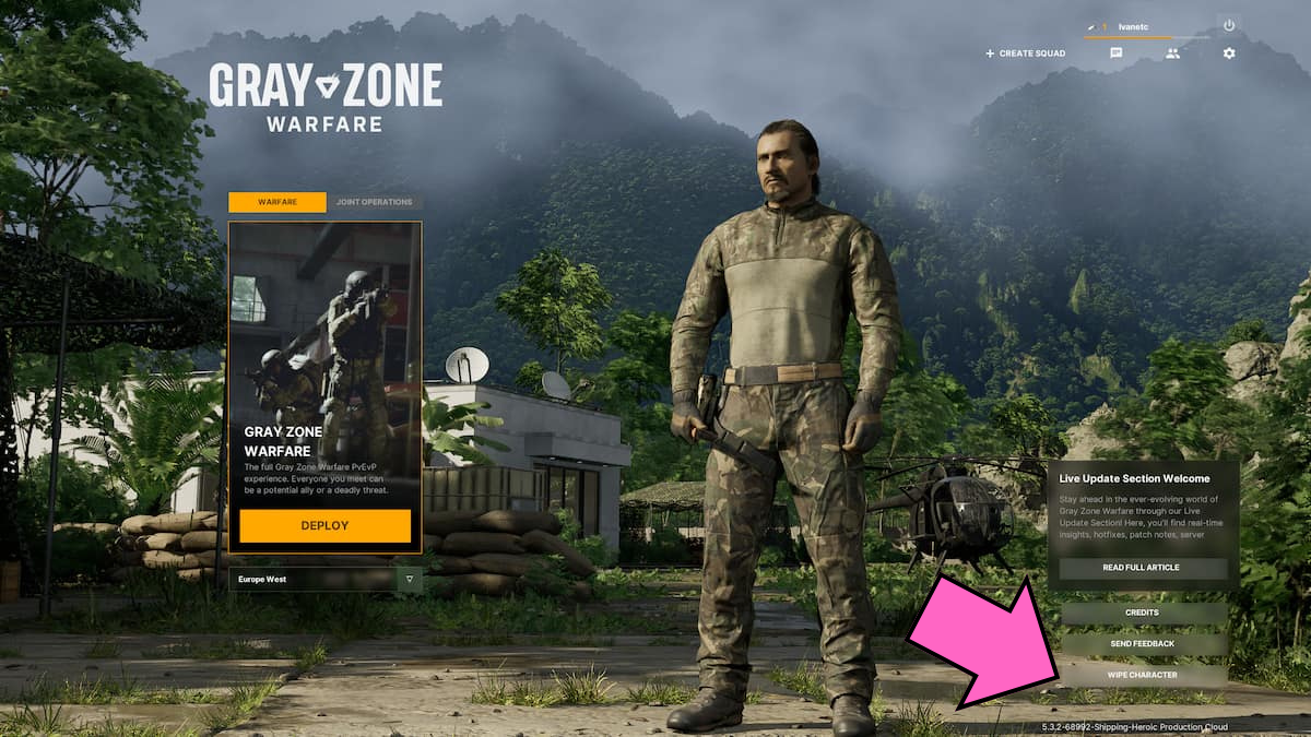 A tela do menu principal em Gray Zone Warfare com uma seta apontando para "Limpar personagem".