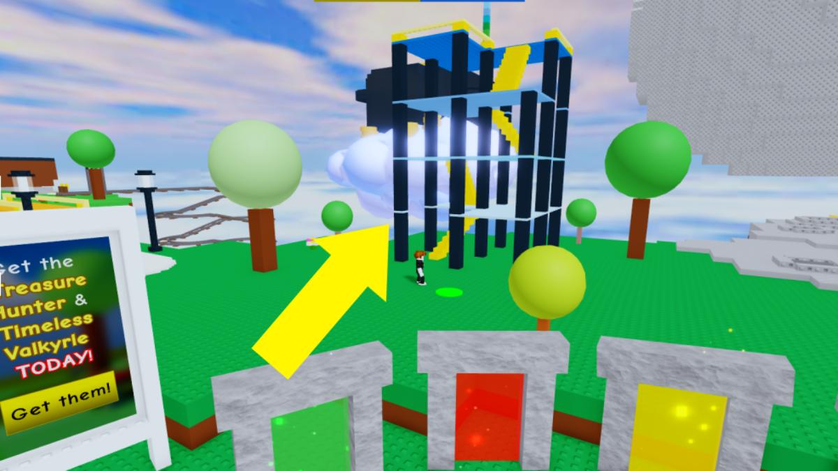 Uma seta apontando para uma torre em Roblox The Classic