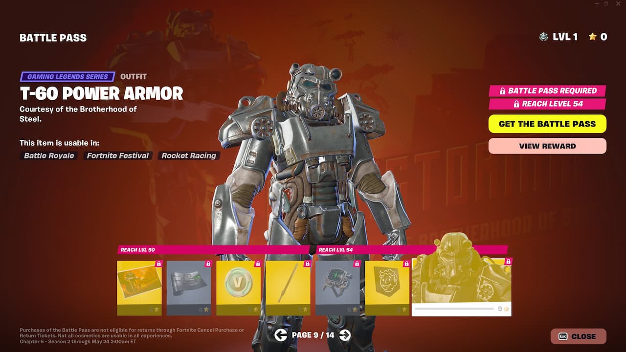 Skin T-60 Power Armor na tela do Battle Pass de Fortnite