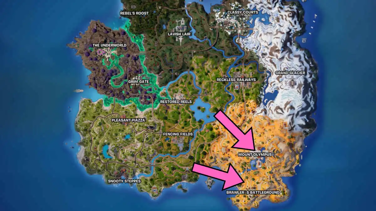 Mapa Fortnite mostrando locais de Aspect of Combat e Aspect Speed