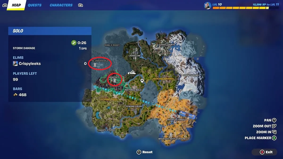 Mapa de Fortnite com locais do Submundo e Grim Gate marcados nele