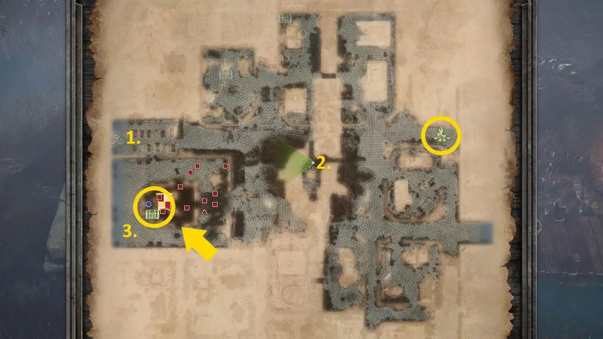 Um mapa mostrando os locais importantes na missão The Trader em King Arthur: Legion IX