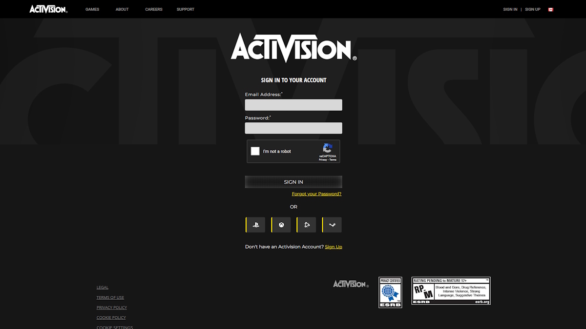 Página de login de Call of Duty: Warzone Activision