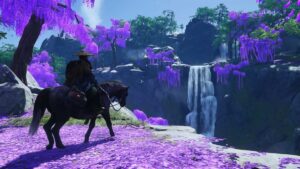 Ghosts Of Tsushima Horse Standing On Purple Petals Overlooking Waterfall