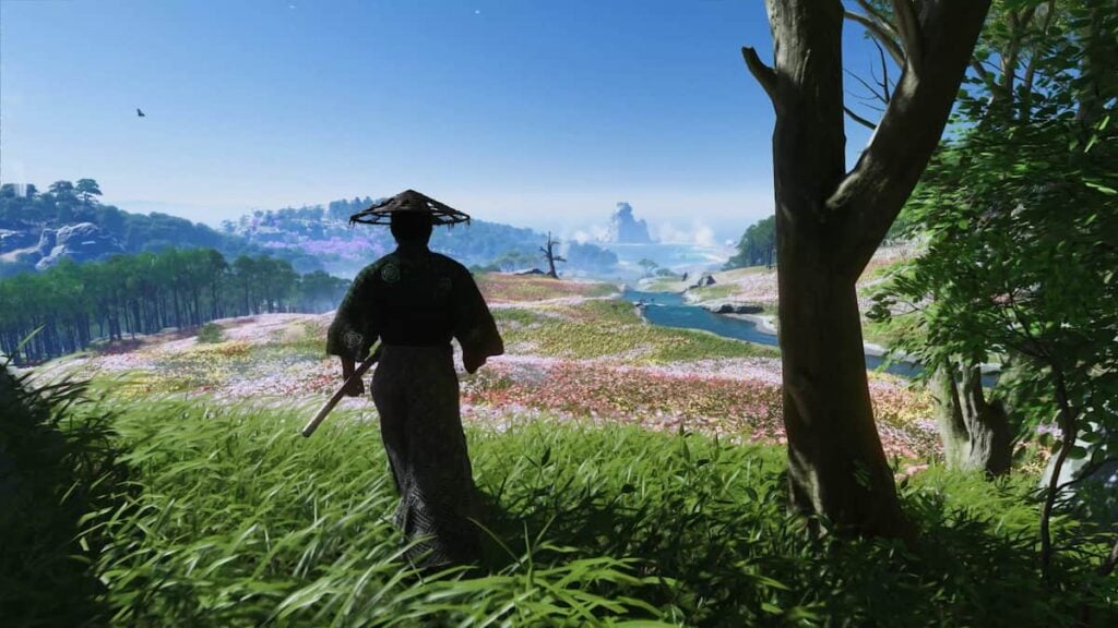 Fantasmas do guerreiro Tsushima em pé na grama com vista para um lindo campo com flores coloridas