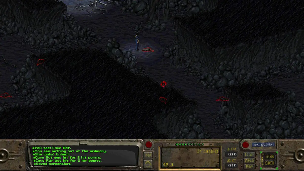 Morador do Vault lutando contra um rato em uma caverna em Fallout 1