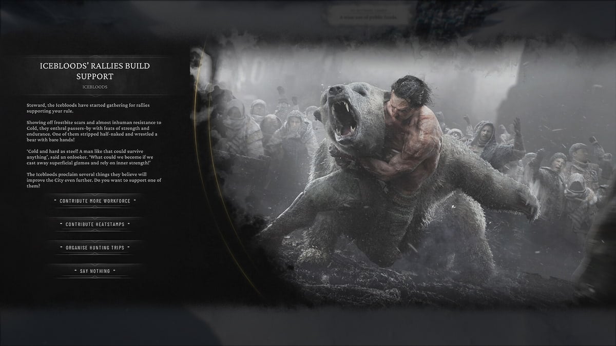 Membro da facção Iceblood lutando contra um urso em Frostpunk 2