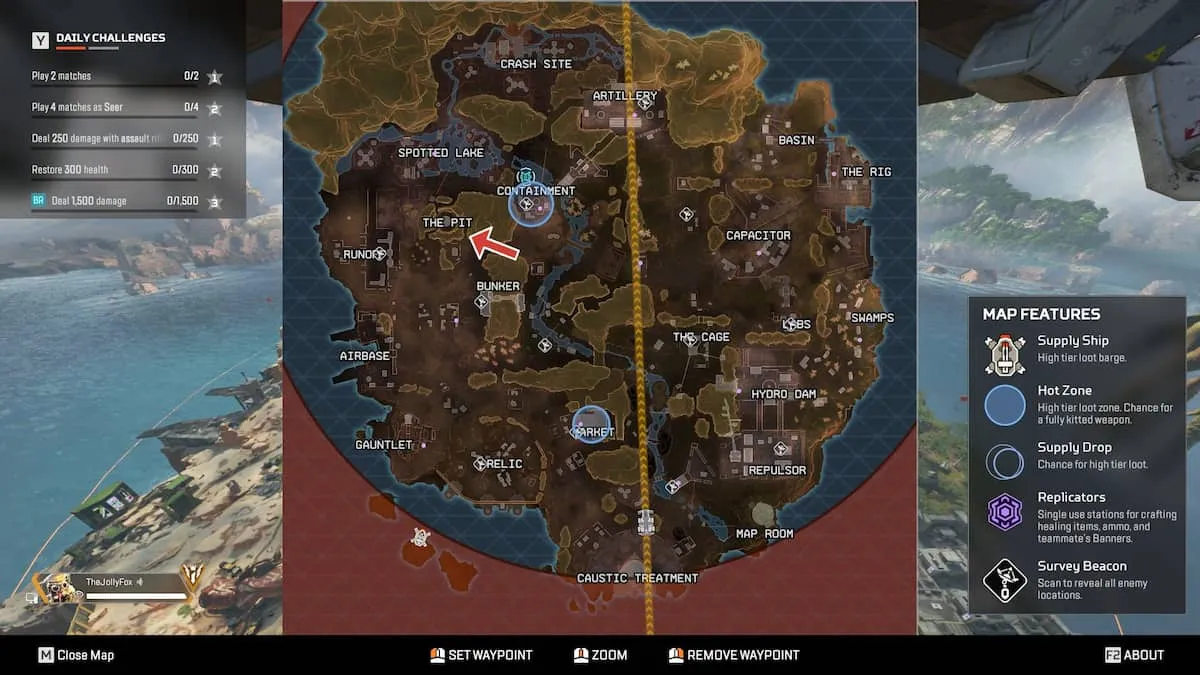 A localização do Pit marcada no mapa Apex Legends King's Canyon