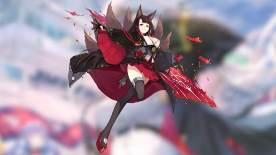 Personagens de Azur Lane, Akagi, vestindo roupas vermelhas e pretas em um fundo desfocado