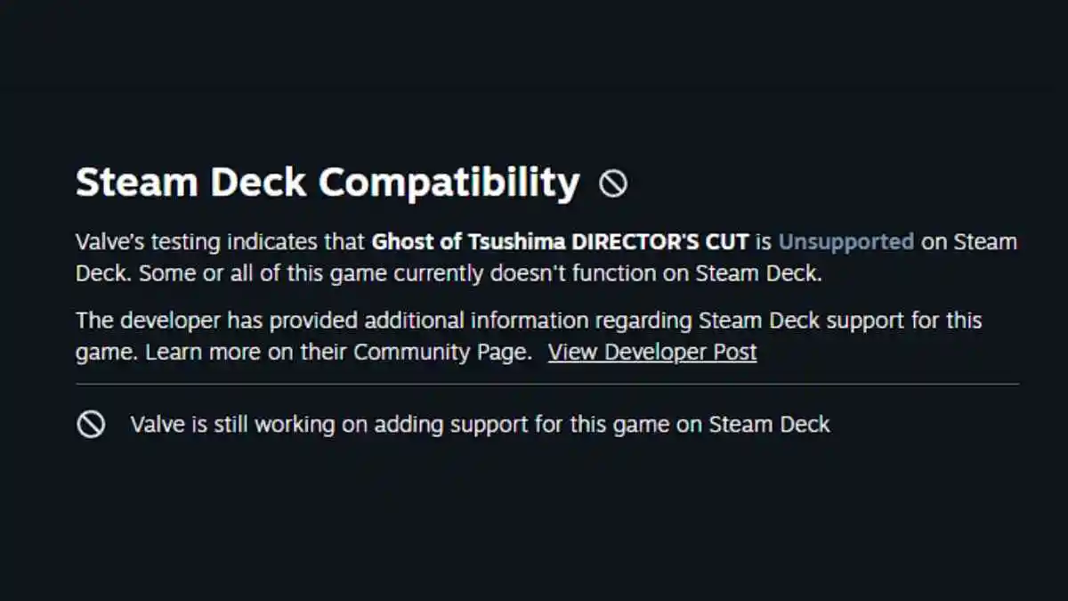 Página de compatibilidade do Steam Deck do Ghost of Tsushima