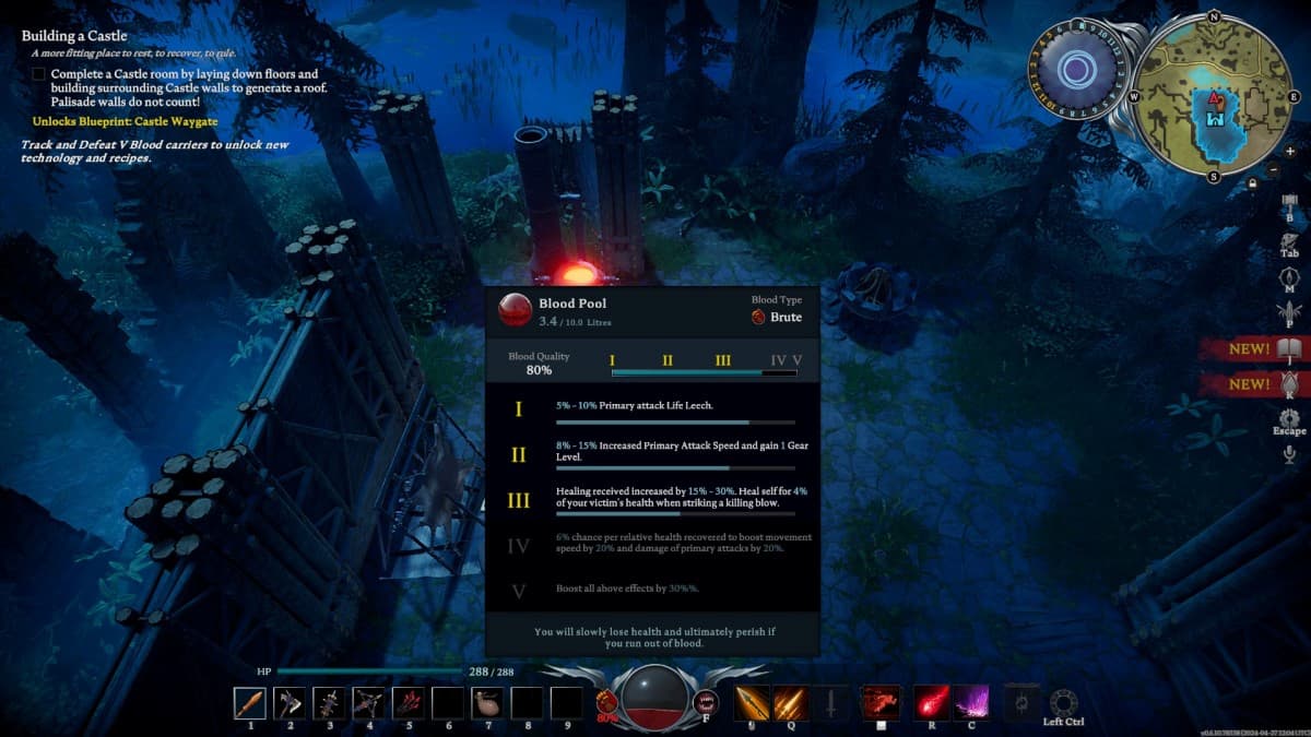 Jogabilidade de V Rising, mostrando o menu Blood Pool e a mecânica do Blood Type.