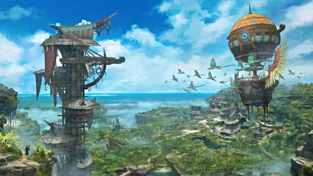 Arte conceitual representando uma área tropical de Tural em Final Fantasy XIV