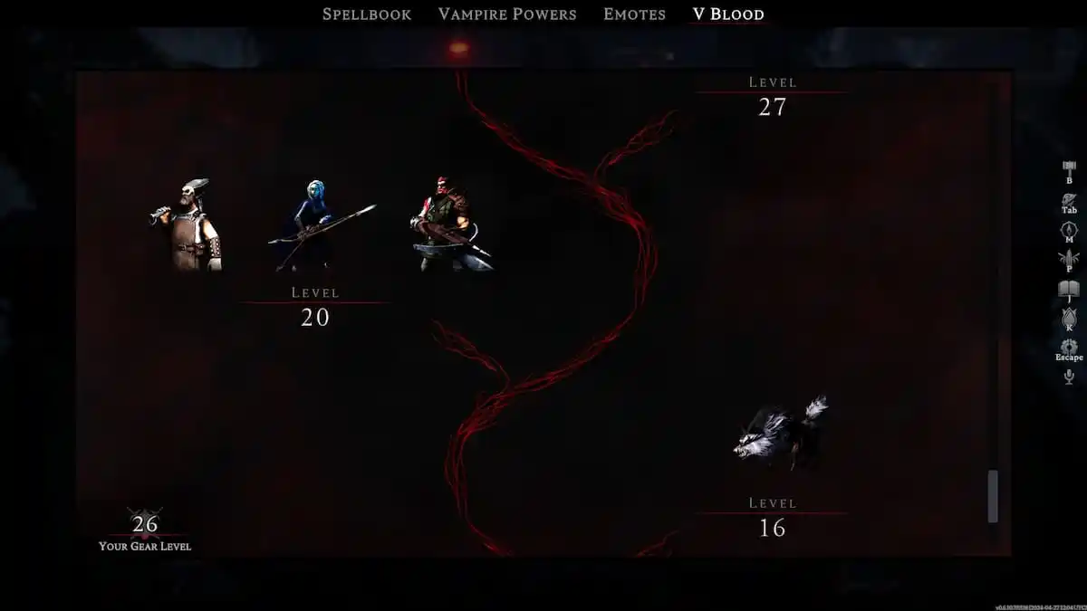 Captura de tela de V Rising, mostrando o menu V Blood e os respectivos chefes disponíveis para caçar.