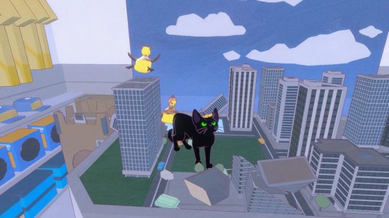 Revisão de Little Kitty, Big City – uma captura de tela do gatinho em uma cidade modelo, derrubando prédios enquanto os patinhos o seguem