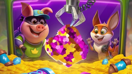 Revisão do Coin Master – o porco e a raposa ganhando uma joia de uma máquina de garras