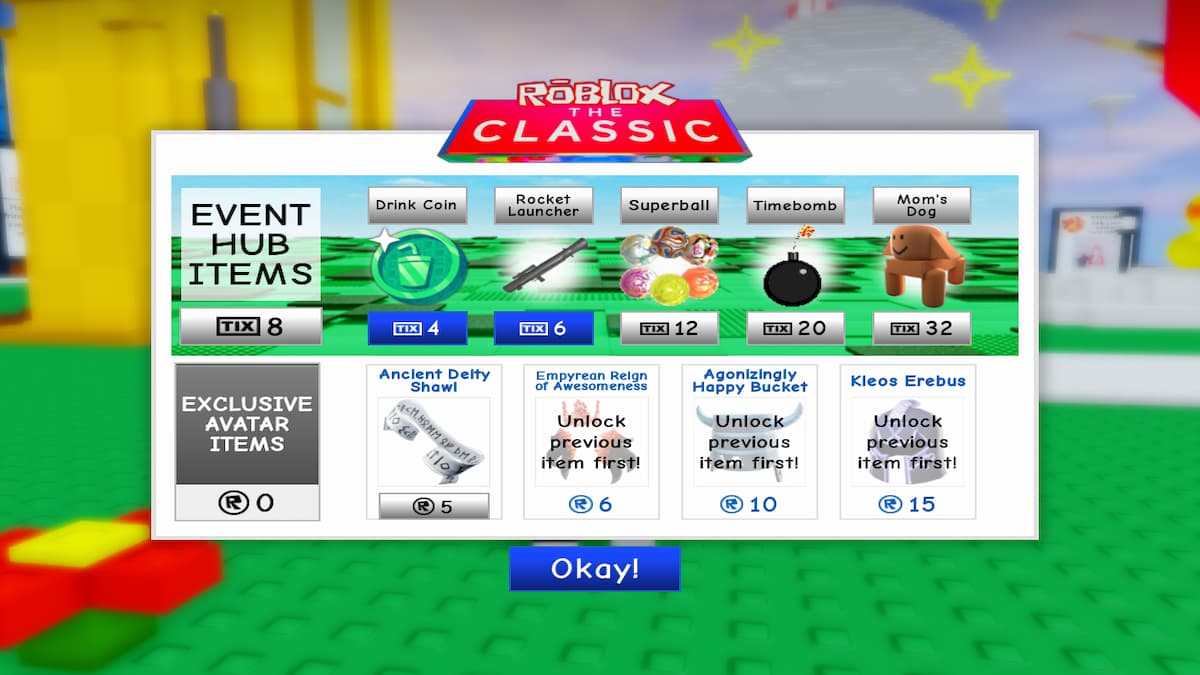 O menu de itens exclusivos de avatar no evento Roblox Classic