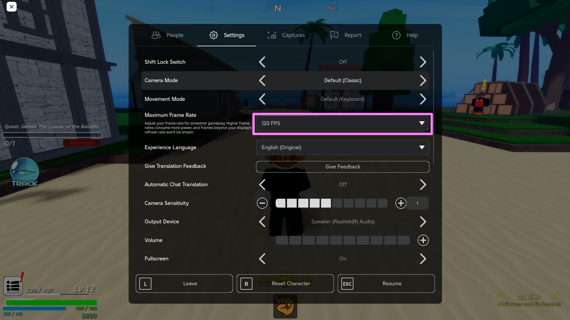 Menu de configurações do jogo Roblox mostrando a opção de taxa de quadros