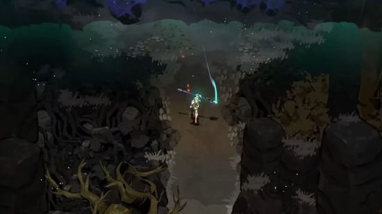 Melinoe usando as armas de Hades 2 - Lança de Bruxa enquanto corre por uma floresta