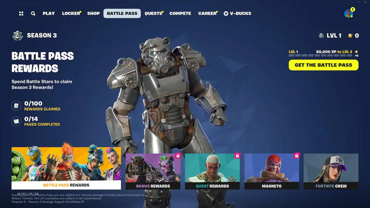 O menu principal do Battle Pass em Fortnite, com o menu Battle Pass Rewards destacado no canto inferior esquerdo