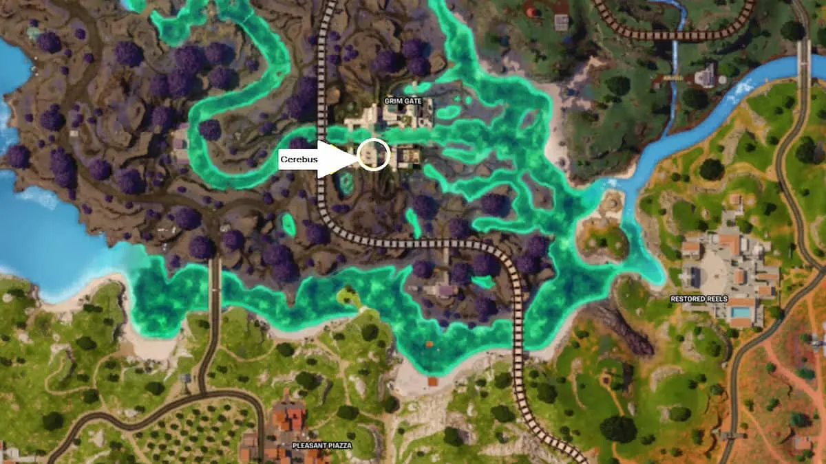 Imagem do mapa mostrando a localização exata do Cerebus em Fortnite