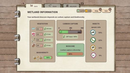 revisão do refúgio de sapos Kamaeru - um menu que mostra a quantidade de vegetação presente e a capacidade de captura de carbono 