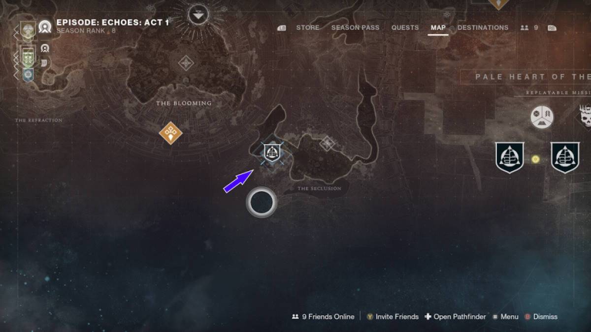 A localização do mapa Dark Cave em Destiny 2.