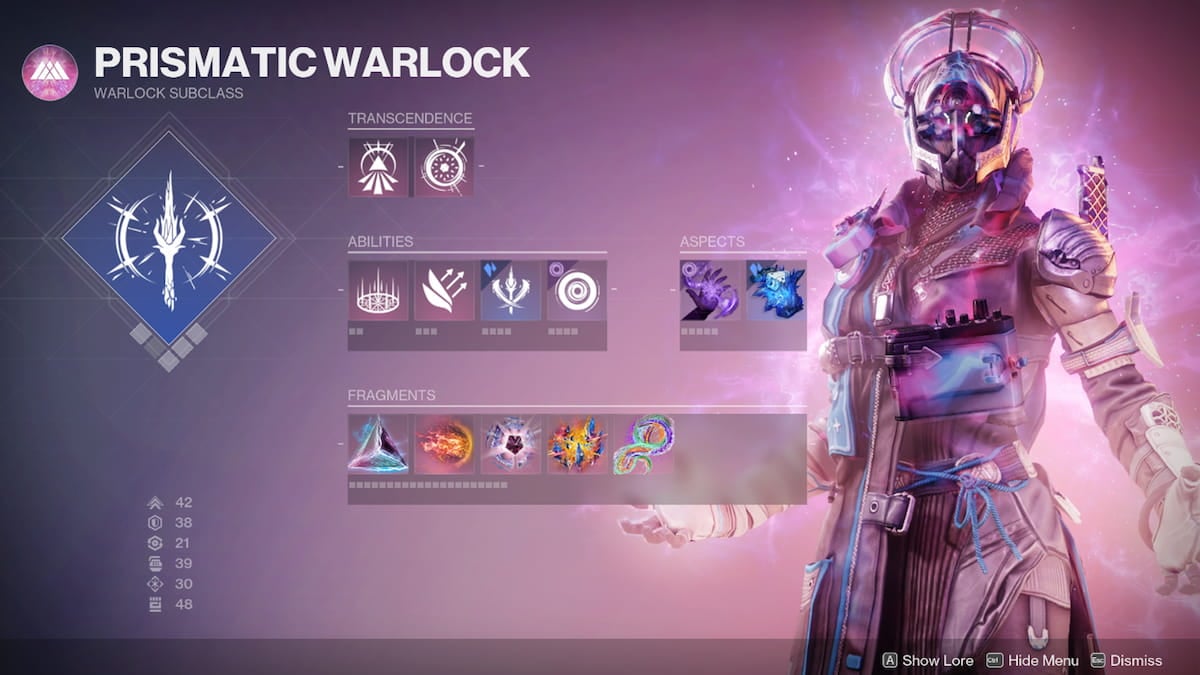 Tela de habilidades do Warlock Prismático de Destiny 2