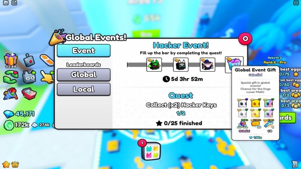 Recompensas do evento global Pet Simulator 99 Hacker