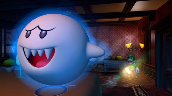 Captura de tela da prévia em HD de Luigi's Mansion 2 com Luigi enfrentando seu primeiro Boo