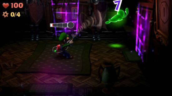 Captura de tela da visualização HD de Luigi's Mansion 2 com Luigi capturando um fantasma verde