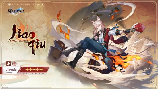 marketing de gotejamento de honkai star rail jiaoqiu mostrando seu elemento, raridade e splash art