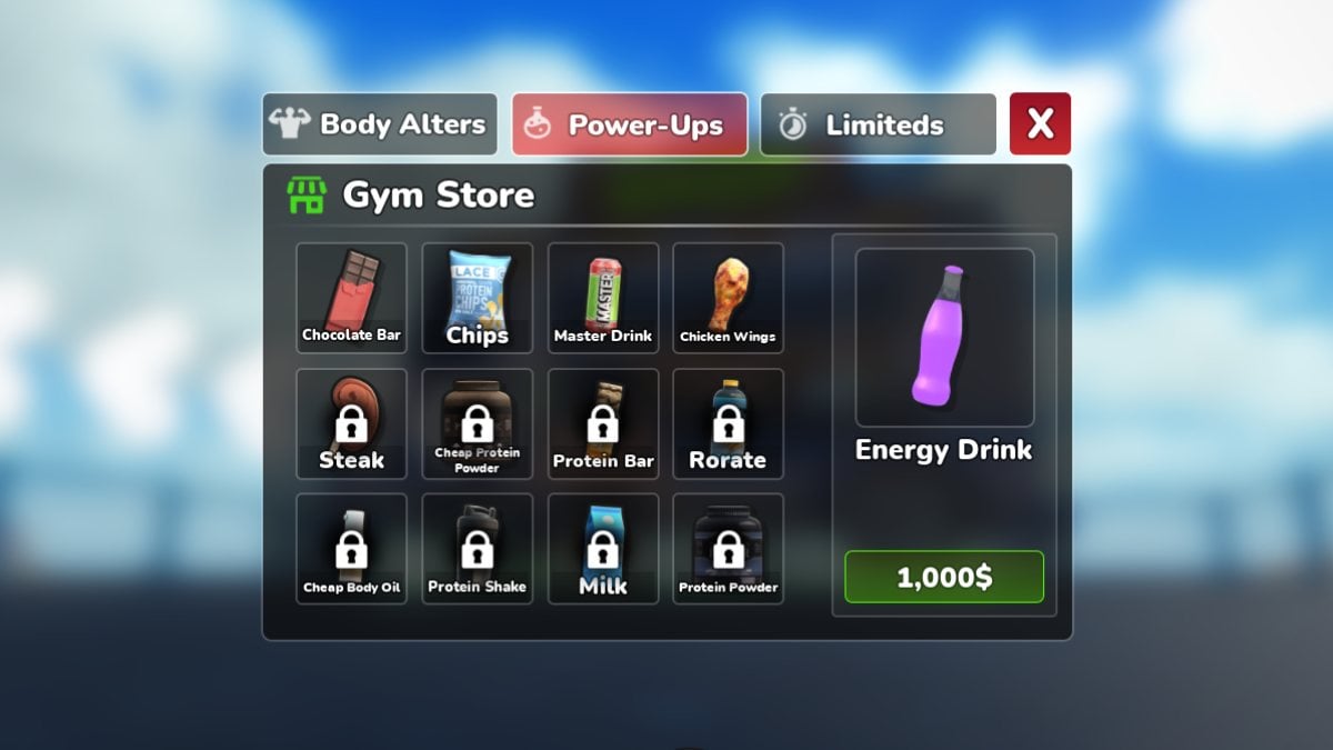 Seção de itens de power-up no Roblox Gym League