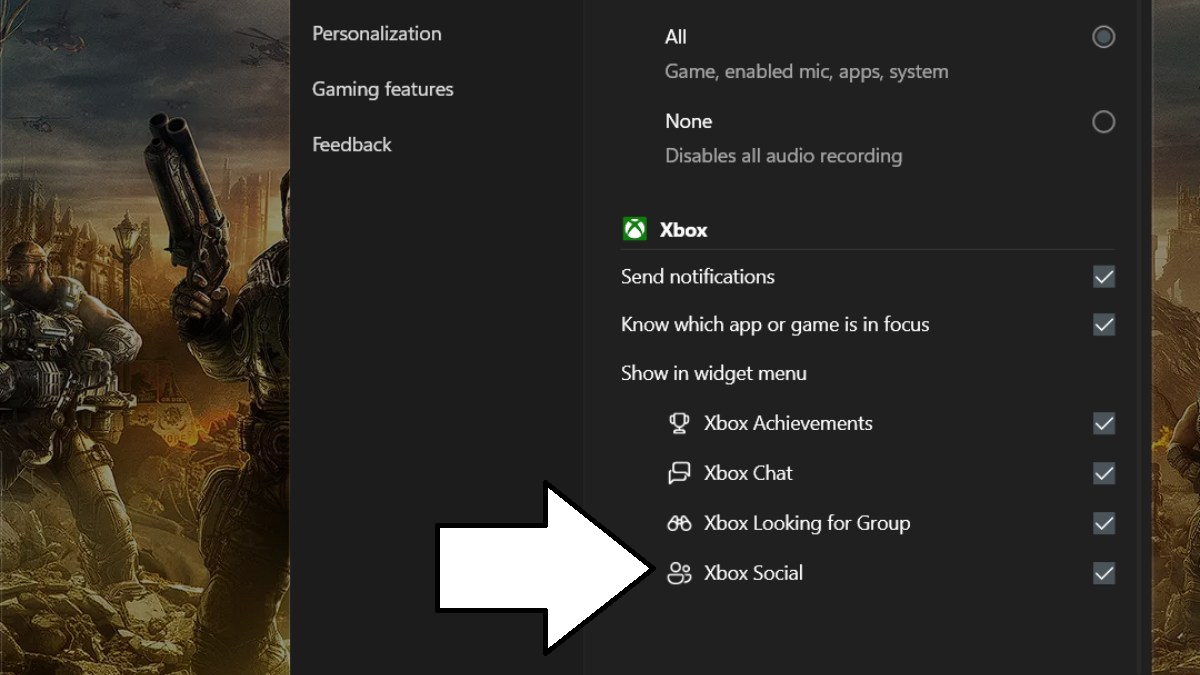 As configurações do widget da Barra de Jogo Xbox