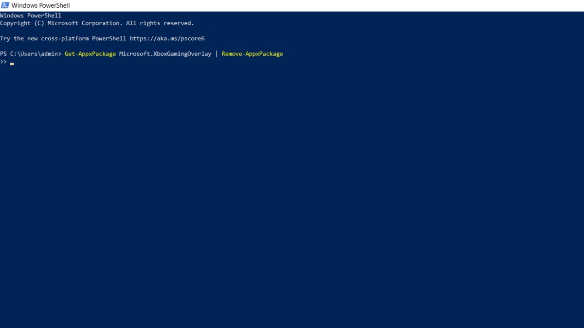 Windows Powershell com o comando de desinstalação da Xbox Game Bar