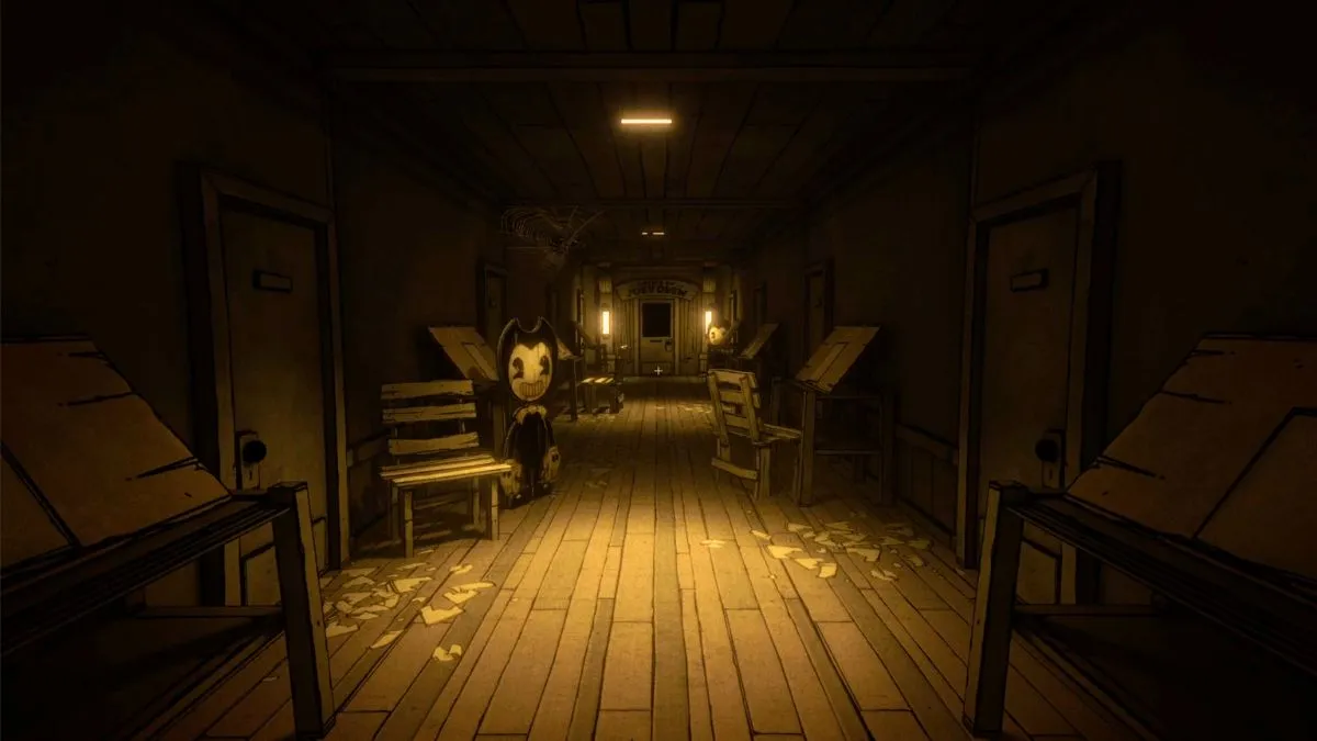 Um corredor misterioso repleto de mesas de Bendy: Secrets of the Machine