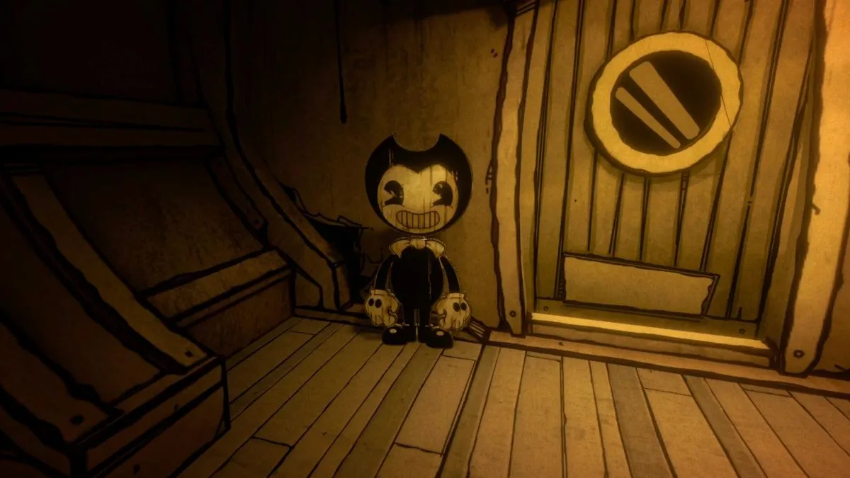 Um recorte de papelão de Bendy na sala do palco